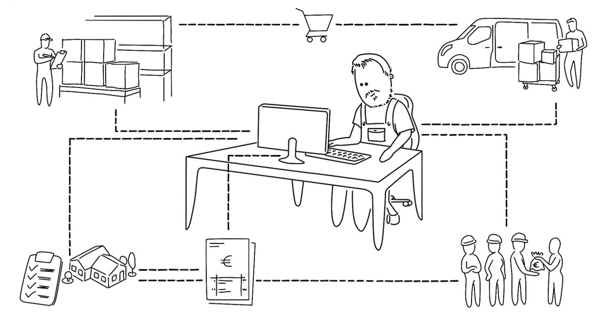 Zeichnung, die einen Mann an einem PC zeigt, die Büroorganisation und das Rechnungswesen mit der ABK-Software abwickelt
