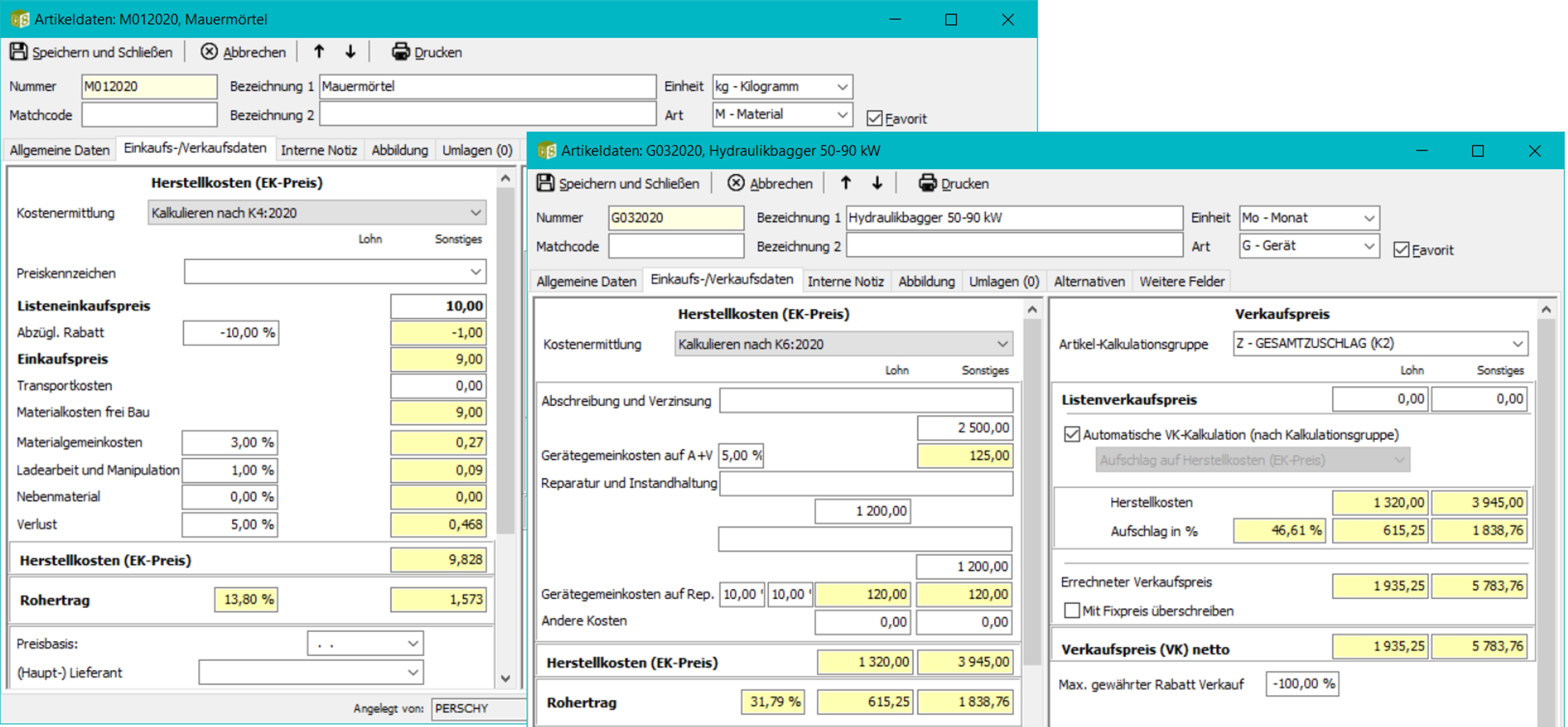 Screenshot zur Kalkulation ÖNORM B 2061-2020