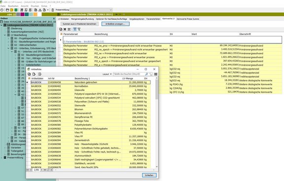 Screenshot eines Beispiels zur Gesamtauswertung eines LV inkl. Materialliste