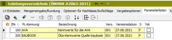 Screenshot der ABK-Software, der die Parameterlisten zeigt