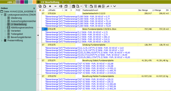 Screenshot der ABK-Software, der die Mengenübernahme ins Leistungsverzeichnis zeigt