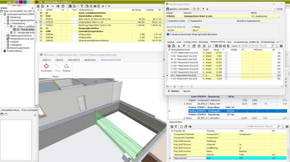 Screenshot der ABK-Software, der die Mengenermittlung mit BIM zeigt inkl. Positionseigenschaften und BIM-Viewer