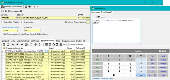 Screenshot der ABK-Software, der die Ausgabe von elementweisen Positionsteilmengen zeigt