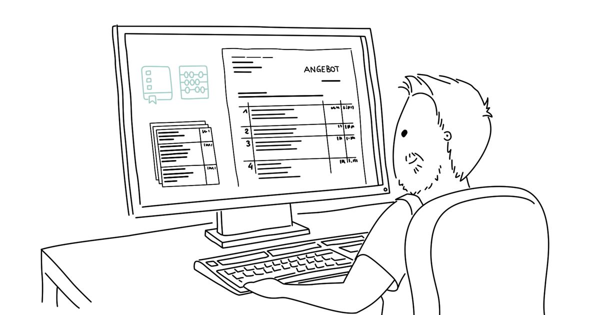 Zeichnung, die einen Mann vor einem PC zeigt, der ein Angebot mit der ABK-Software erstellt