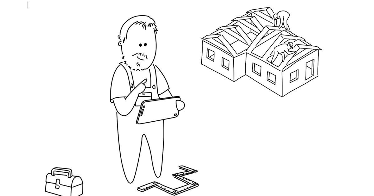 Zeichnung, die einen Mann mit einem Tablet auf der Baustelle zeigt