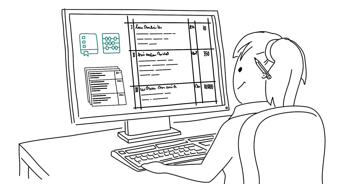 Zeichnung, die eine Frau vor einem PC zeigt, die Rechnungsbelege vergleicht