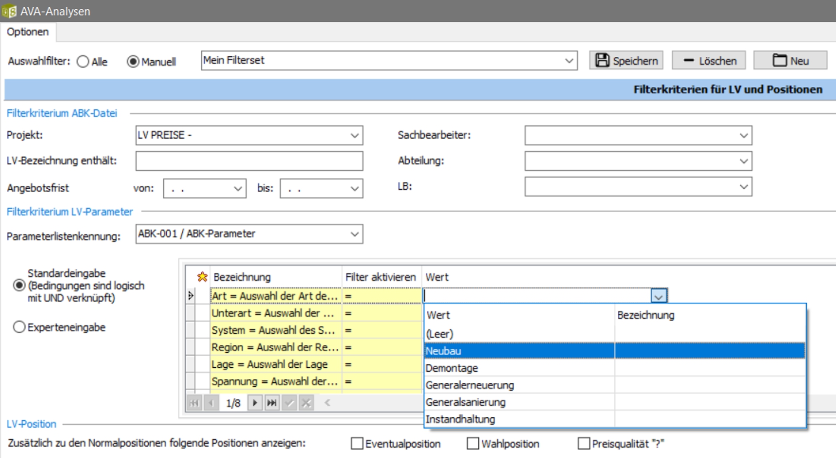 Screenshot AVA-Analysen in der ABK-Software
