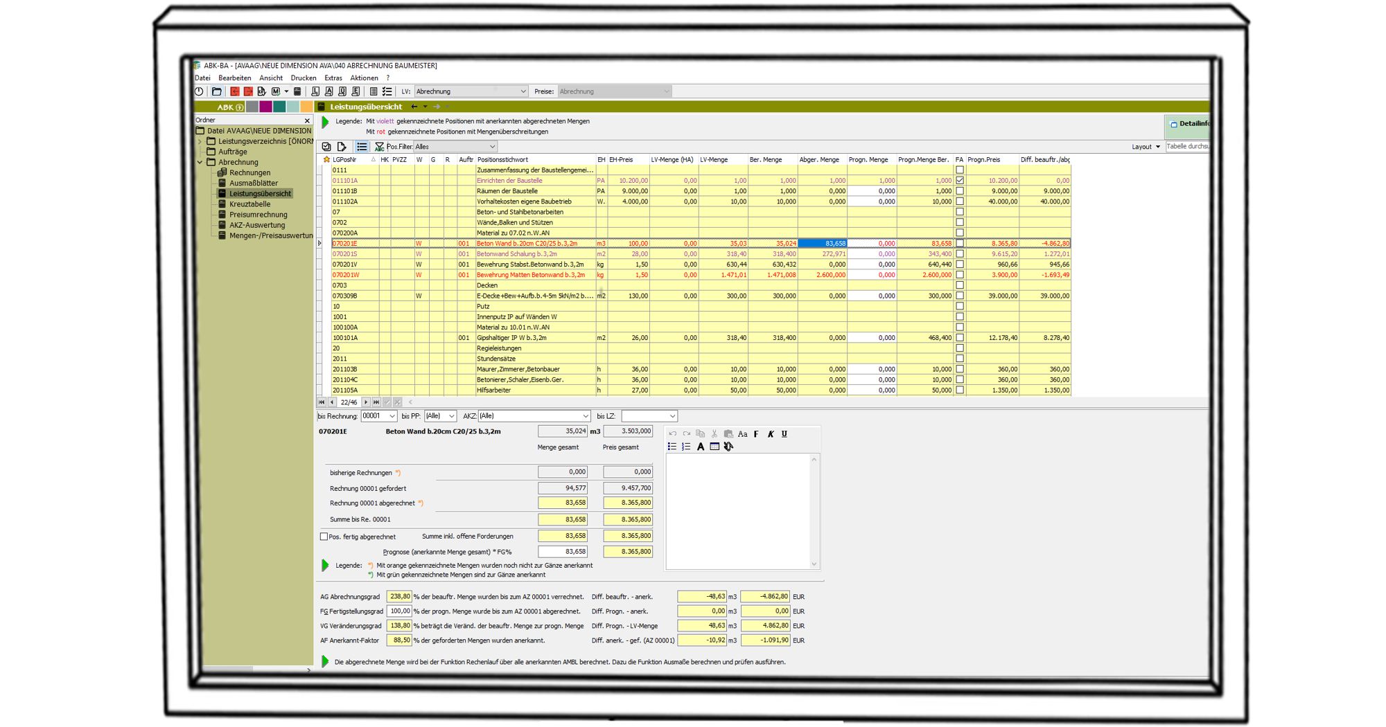 Screenshot, der die Leistungsübersicht in der ABK-Software darstellt