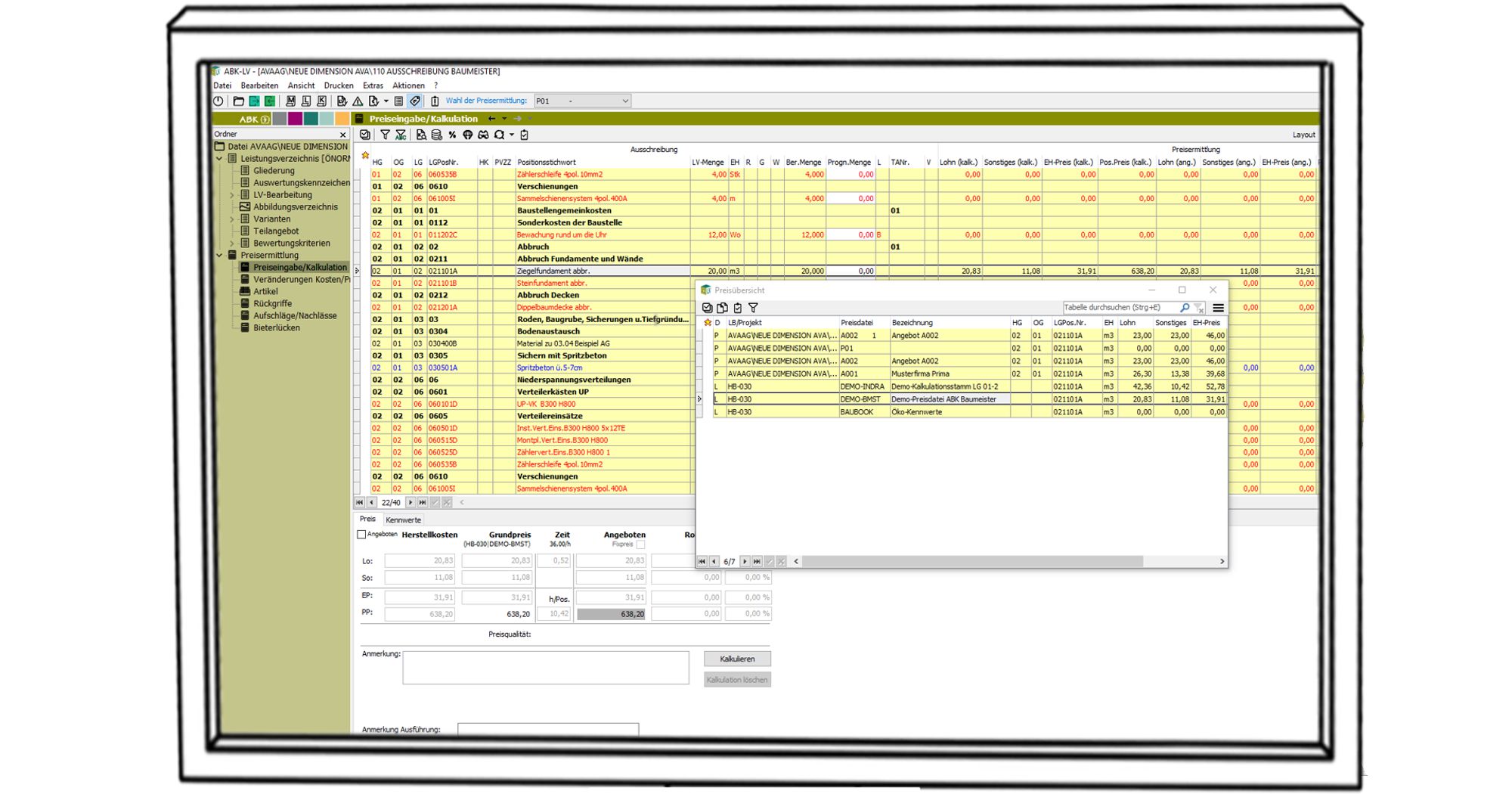 Screenshot, der die Kostenermittlung mit der ABK-Software zeigt