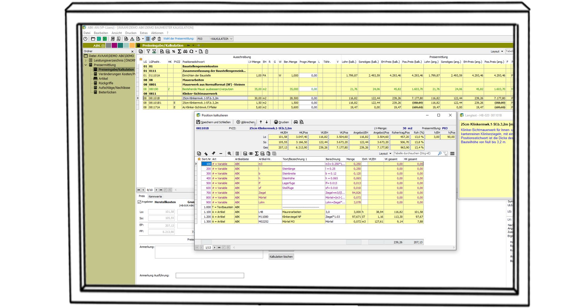 Screenshot, der die Kalkulation in der ABK-Software zeigt