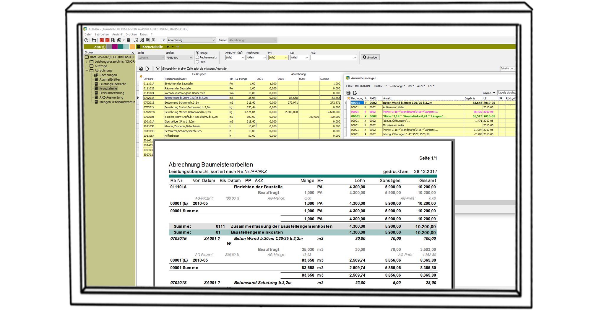 Screenshot, der die Bauabrechnung in der ABK-Software zeigt