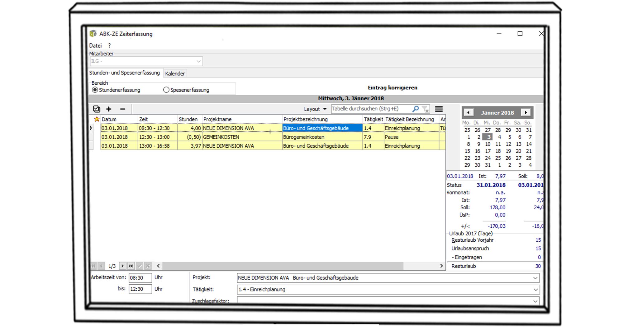 Screenshot, der die Stundenerfassung in der ABK-Software zeigt