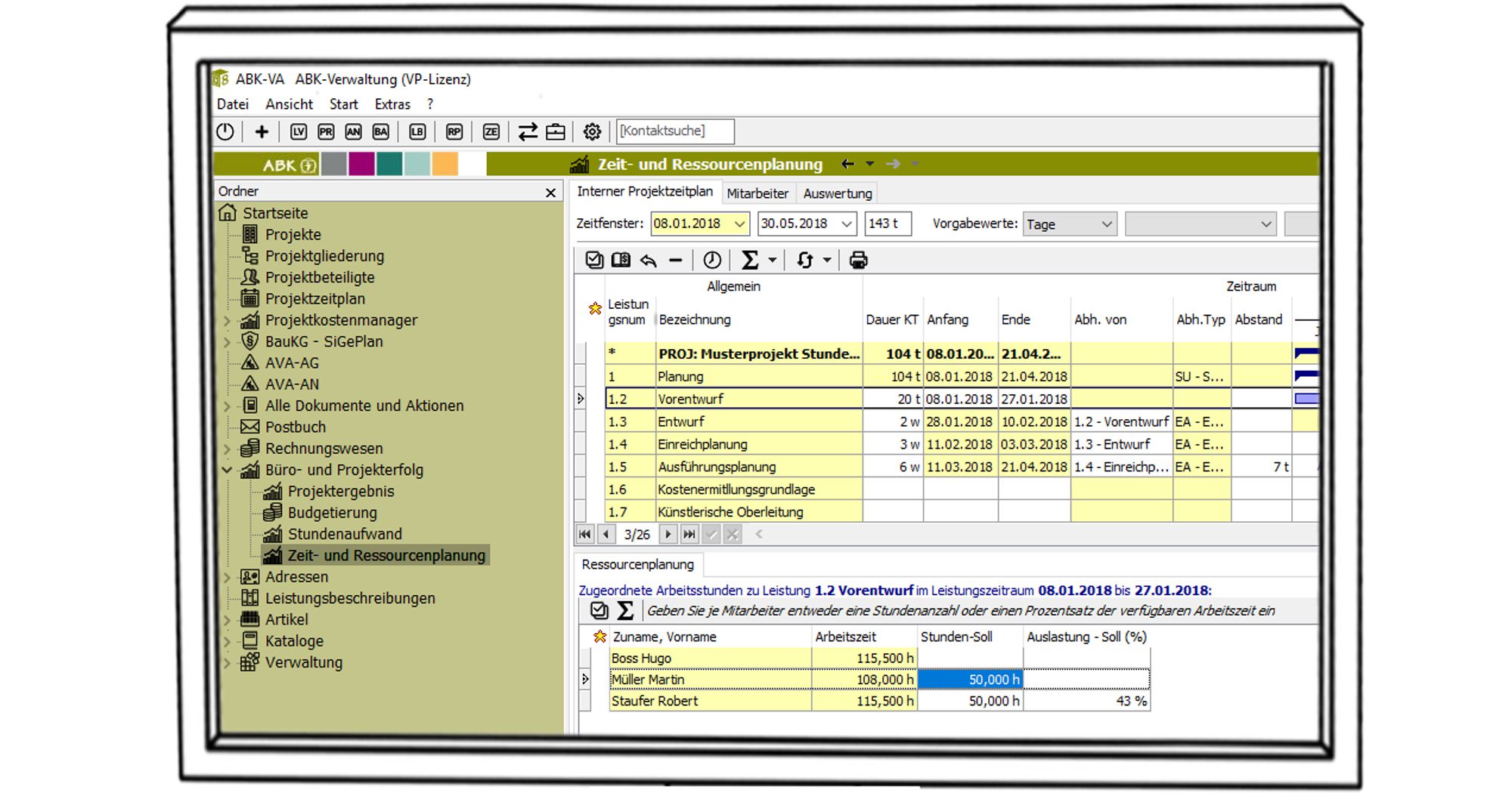 Screenshot, der die Zeit- und Ressourcenplanung in der ABK-Software zeigt