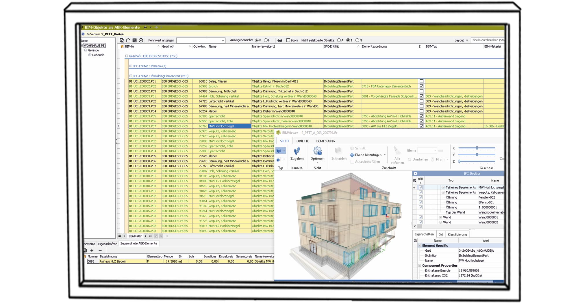 Screenshot der ABK-Software, der die ABK-Elemente im BIM-Viewer zeigt