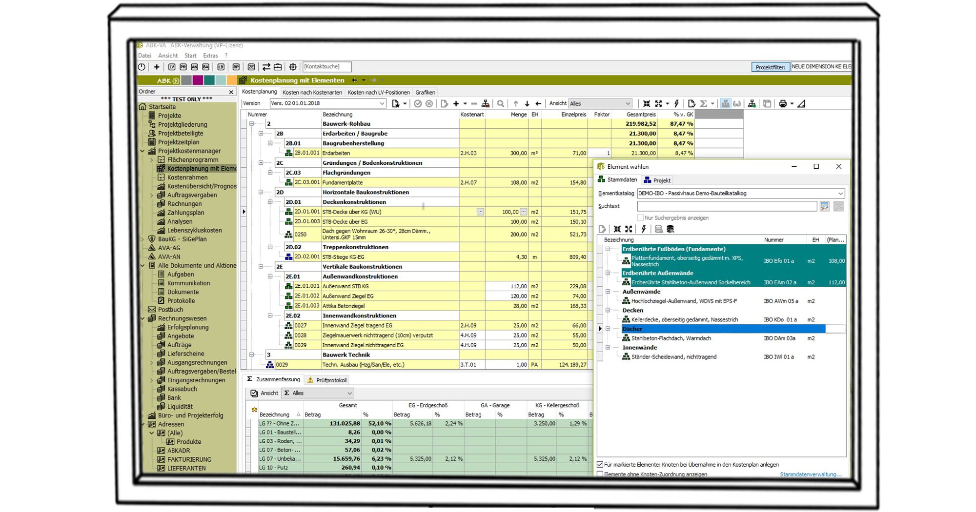 Screenshot der ABK-Software, der die Kostenplanung mit Elementen zeigt