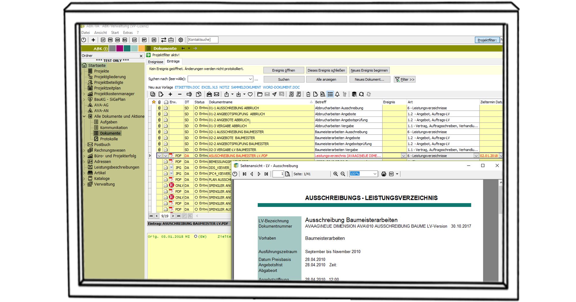 Screenshot der ABK-Software, der das Dokumentenmanagement zeigt