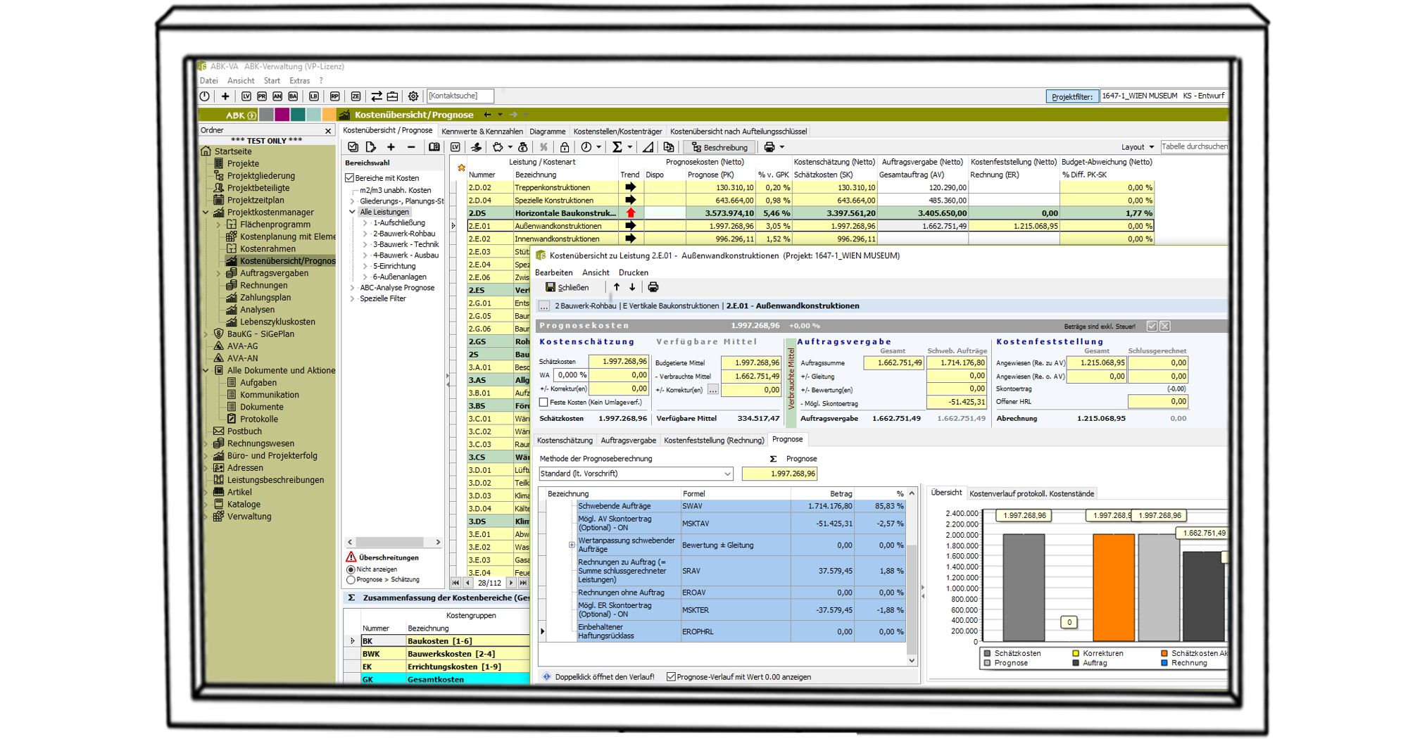Screenshot der ABK-Software, der die Kostenübersicht zeigt