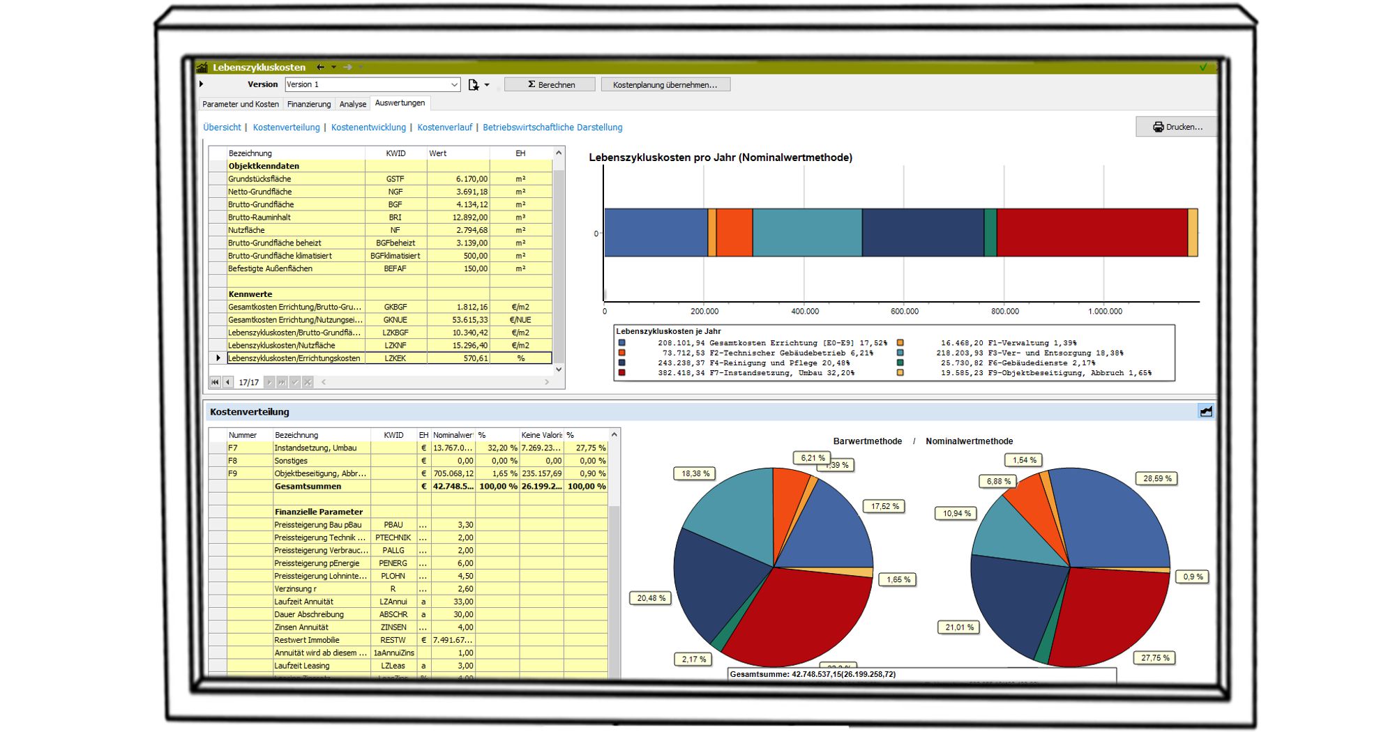 Screenshot der ABK-Software mit den jährlichen Lebenszykluskosten