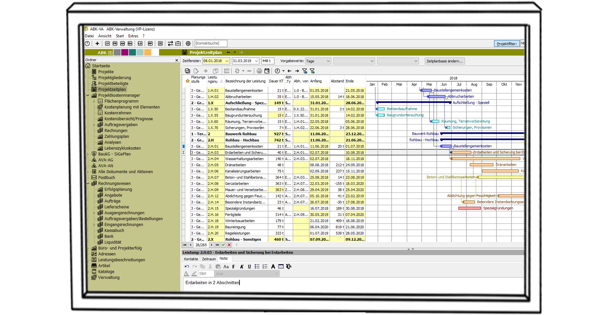 Screenshot der ABK-Software, der den Projektzeitplan darstellt